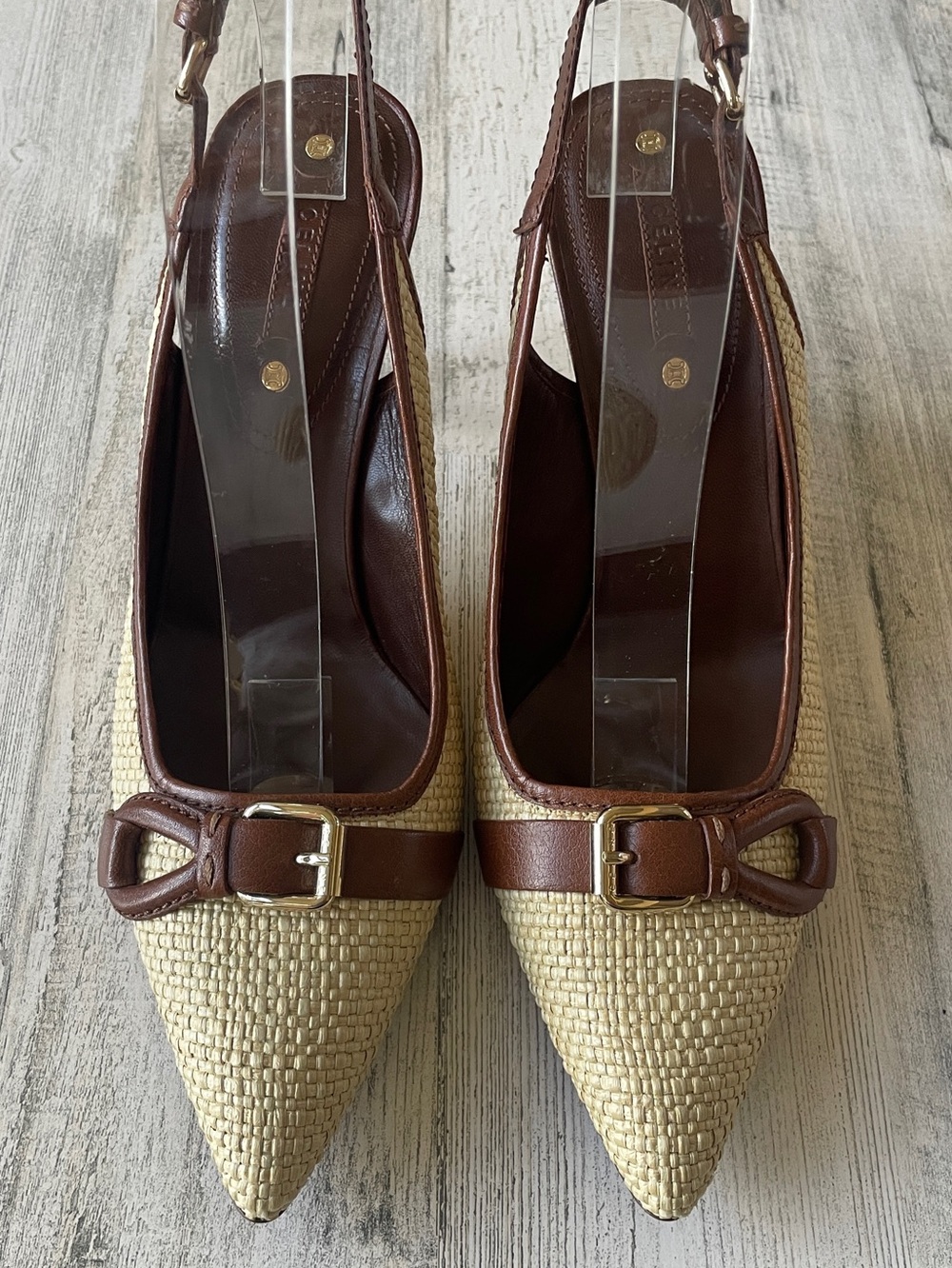 Celine Slingback Heels Brown Leather & Raffia Straw Pointed-Toe SZ 40.5 C US 9.5